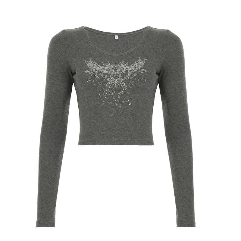 Long sleeve round neck ribbed abstract top