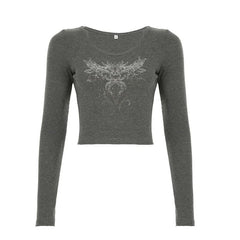 Long sleeve round neck ribbed abstract top