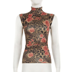 High neck flower print ruched contrast top
