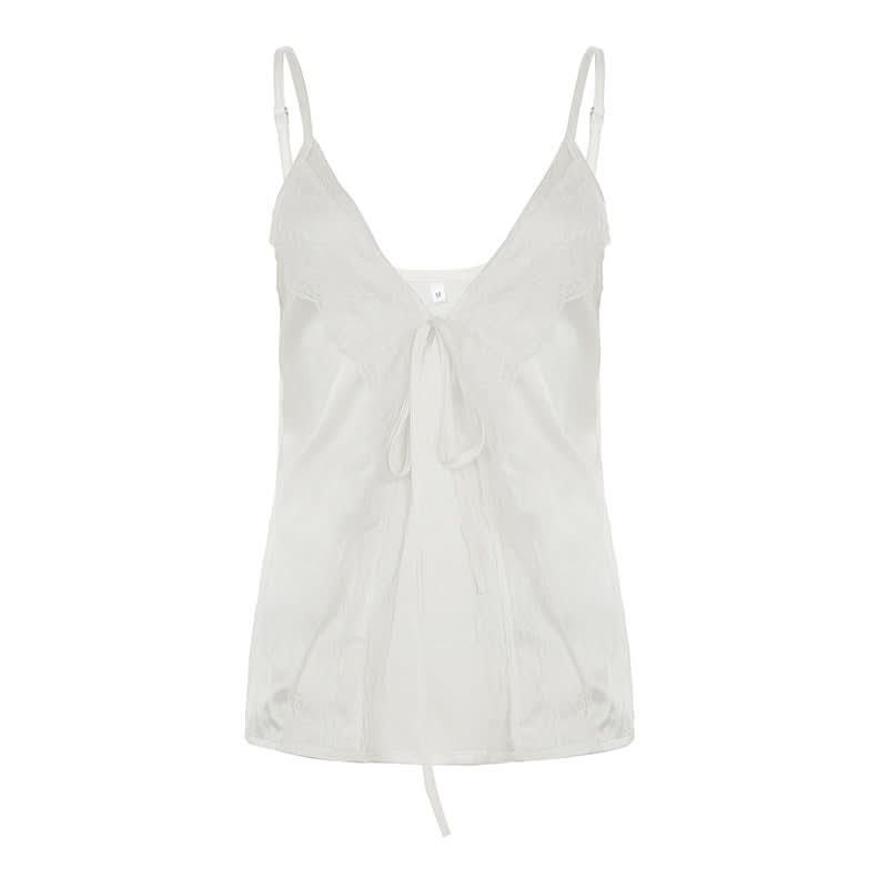 Self tie lace hem satin deep V neck cami top