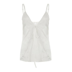 Self tie lace hem satin deep V neck cami top