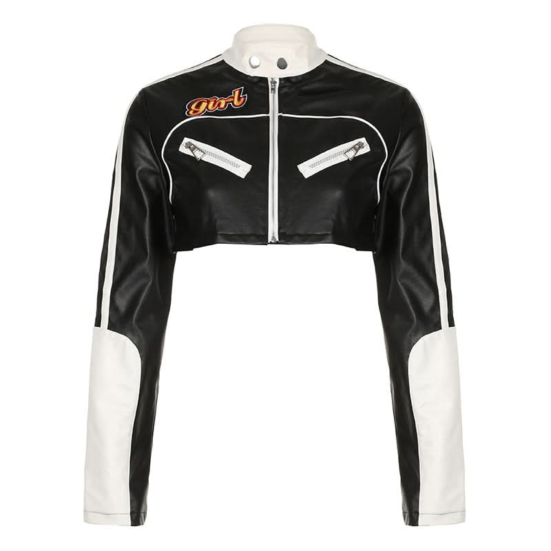Long sleeve zip-up button PU leather high neck top