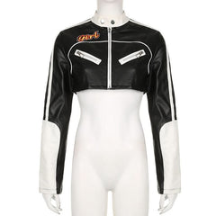 Long sleeve zip-up button PU leather high neck top