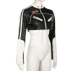 Long sleeve zip-up button PU leather high neck top