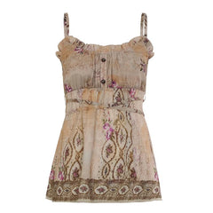 Ruched u neck ruffle print self tie cami top