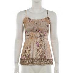 Ruched u neck ruffle print self tie cami top