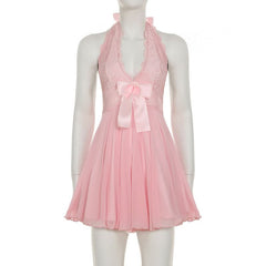 Bowknot halter lace hem deep V neck mesh mini dress
