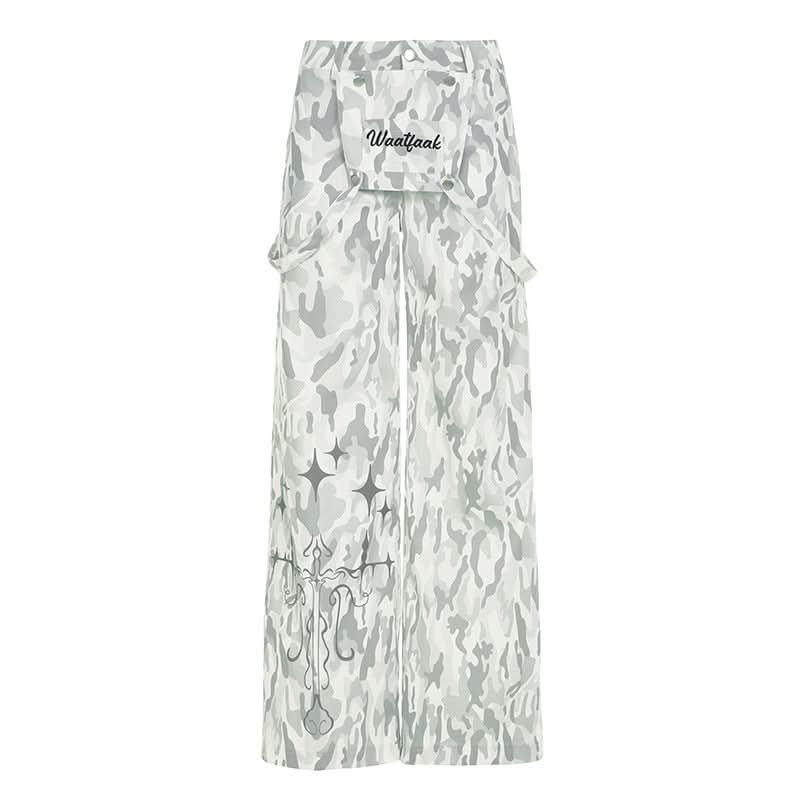Button zip-up camouflage pocket straight leg pant