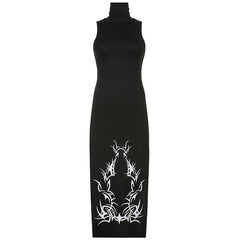 High neck slit abstract contrast midi dress
