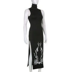 High neck slit abstract contrast midi dress