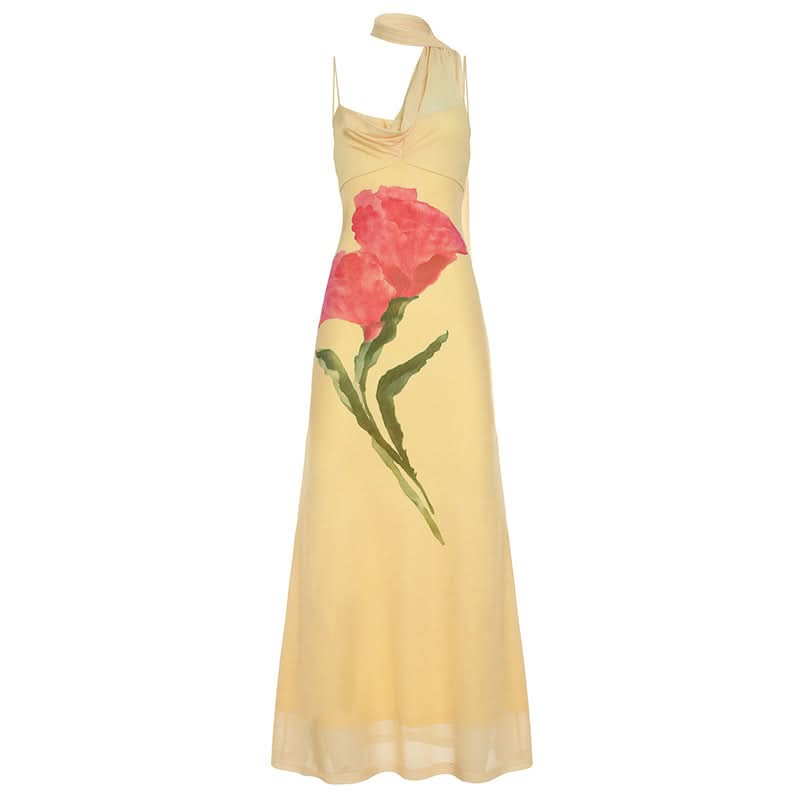 Irregular mesh halter flower pattern maxi dress