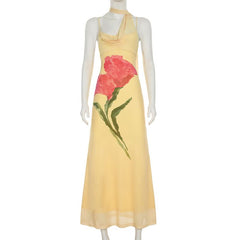 Irregular mesh halter flower pattern maxi dress