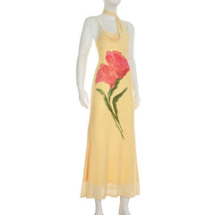 Irregular mesh halter flower pattern maxi dress