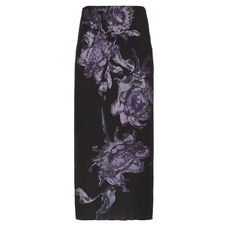 Zip-up slit ribbed flower print contrast midi dress