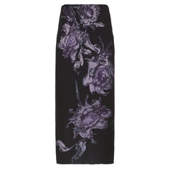 Zip-up slit ribbed flower print contrast midi dress