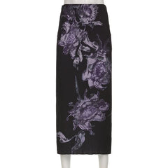 Zip-up slit ribbed flower print contrast midi dress