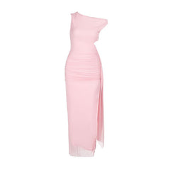 Off shoulder mesh slit ruched maxi dress