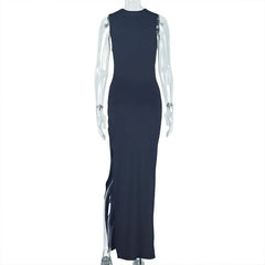 Sleeveless hollow out ruched slit cut out maxi dress