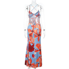 Cross back flower print self tie cami maxi dress