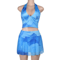 Halter v neck flower print mini skirt set