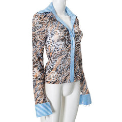 Turnover collar leopard print mesh button top
