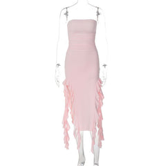 Irregular solid ruffle tube midi dress