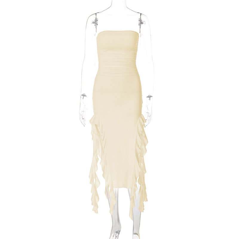 Irregular solid ruffle tube midi dress