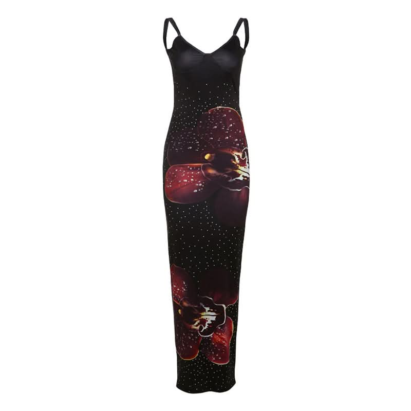 V neck ruched polka dot flower print cami maxi dress