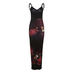 V neck ruched polka dot flower print cami maxi dress