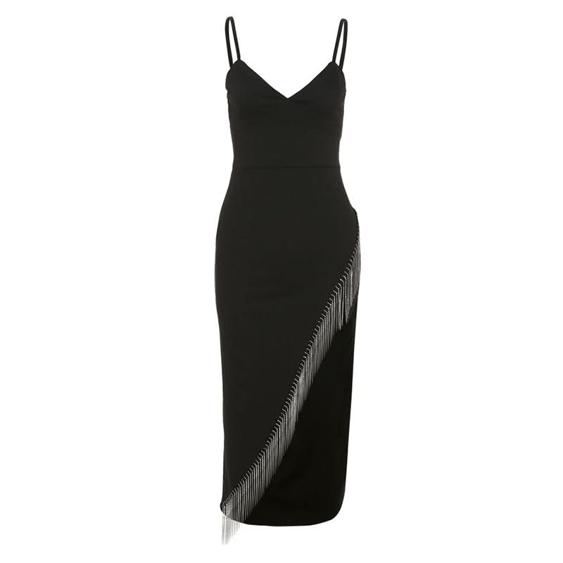 Beaded v neck irregular slit cami midi dress