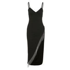 Beaded v neck irregular slit cami midi dress