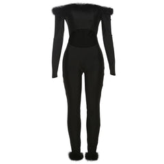 Long sleeve off shoulder feather hollow out jumpsuit