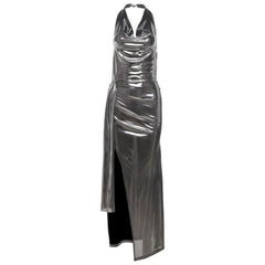 Halter cowl neck slit button metallic maxi dress