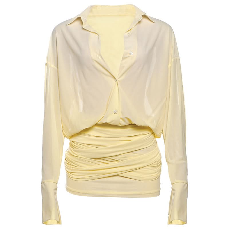 Turnover collar long sleeve button knotted mini dress