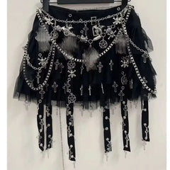 Metal chain cross applique A line mini skirt