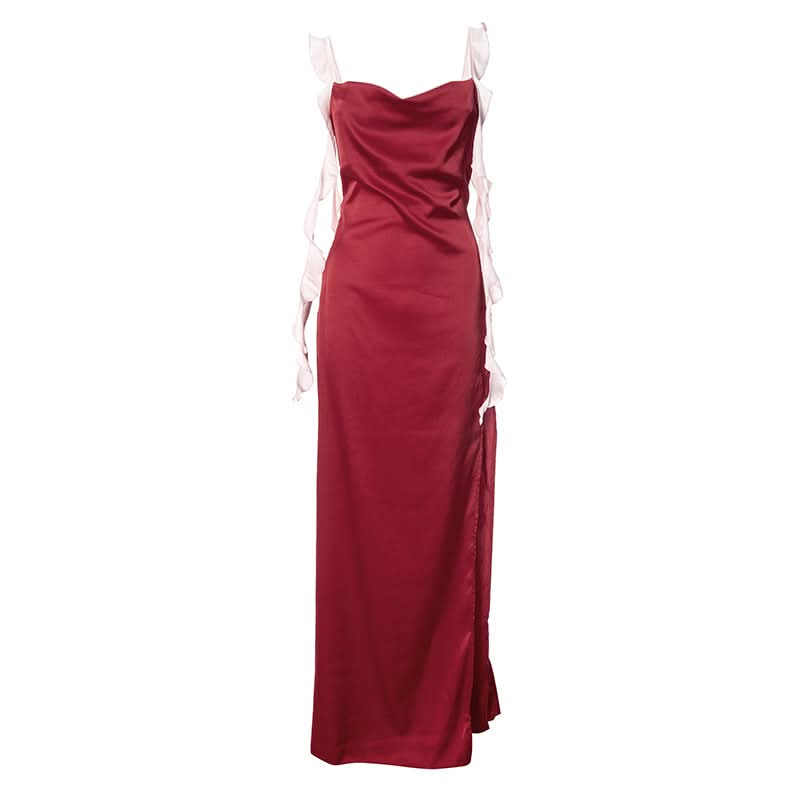 Zip-up slit ruffle backless cami maxi dress