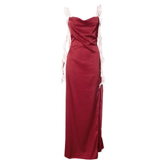 Zip-up slit ruffle backless cami maxi dress