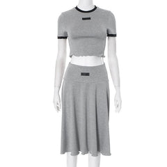 Crewneck short sleeve ruffle contrast midi skirt set