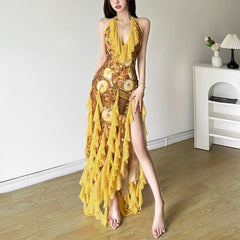 Halter self tie mesh ruffle print v neck maxi dress