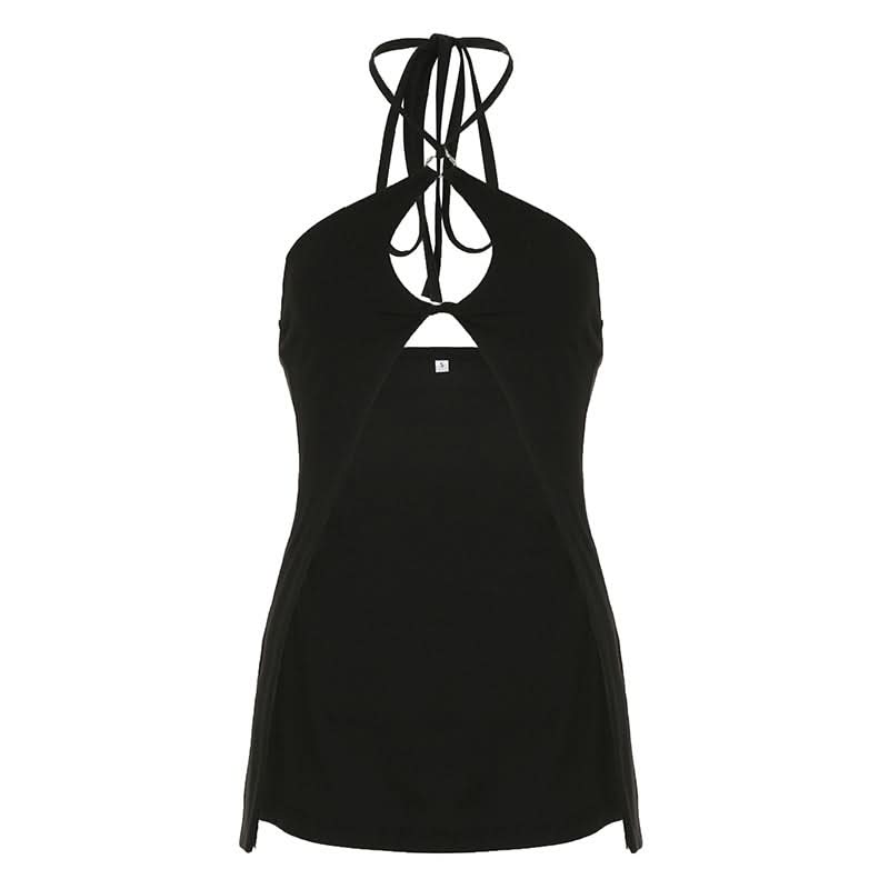 Hollow out halter self tie slit solid cut out top