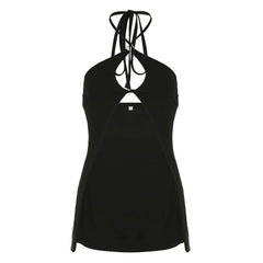 Hollow out halter self tie slit solid cut out top