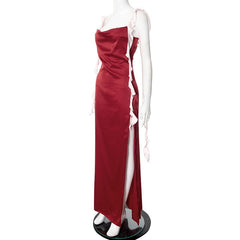 Zip-up slit ruffle backless cami maxi dress