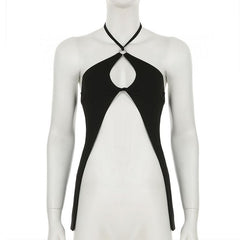 Hollow out halter self tie slit solid cut out top