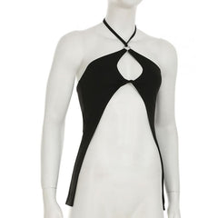 Hollow out halter self tie slit solid cut out top