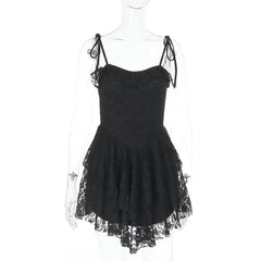 Lace hem ruched self tie backless cami mini dress