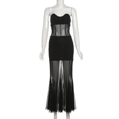 Mesh sweetheart neck solid tube maxi dress