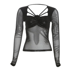 Long sleeve mesh hollow out flower applique cut out top