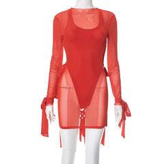 Long sleeve mesh cross back button mini dress