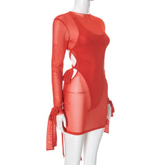 Long sleeve mesh cross back button mini dress