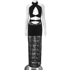 Hollow out halter lace cross front cut out maxi dress